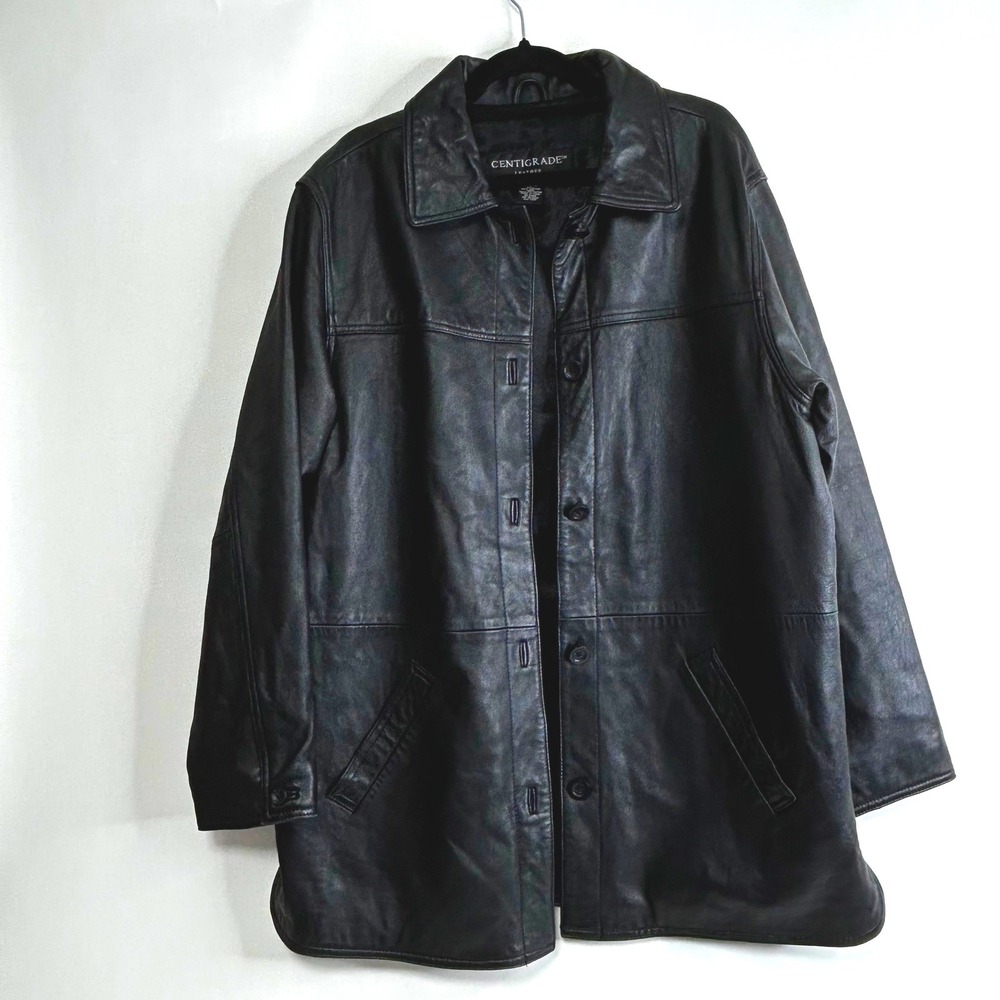 CENTIGRADE Black Leather Shirt Jacket Mens L‎ Collared Button Front Soft
